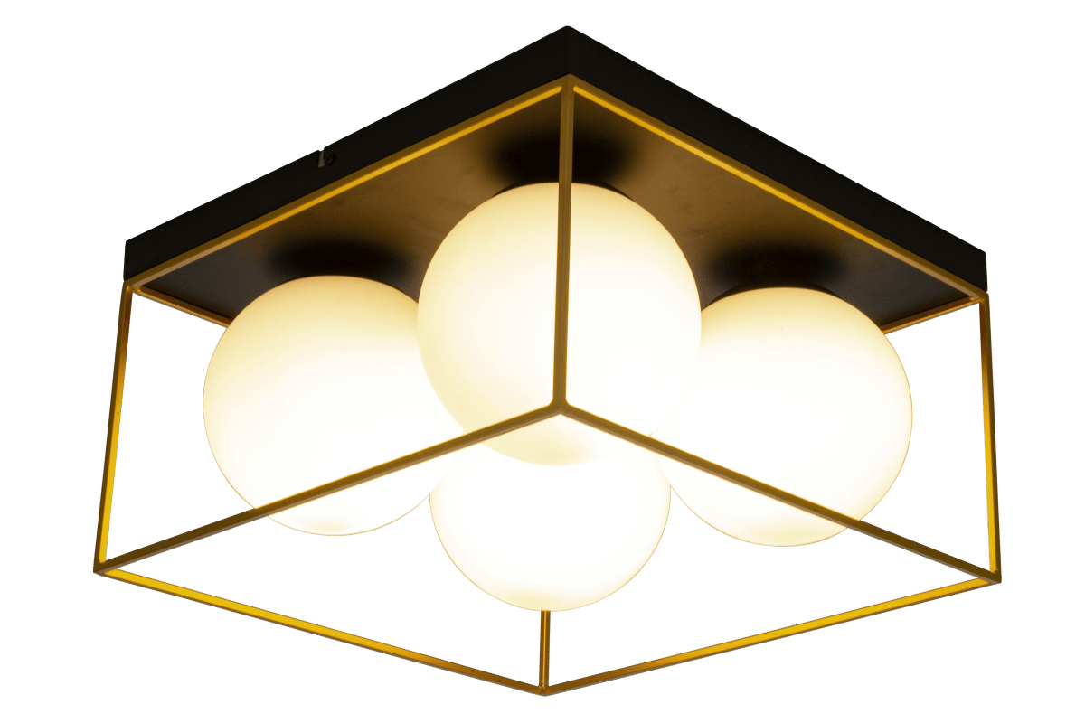 Astro 36cm Sort plafond Fra Aneta Lighting - Astro loftlampe i sortlakeret metal med 4 opalhvide glaskupler indrammet i gulddetaljer på&aring; en sort tagsten.