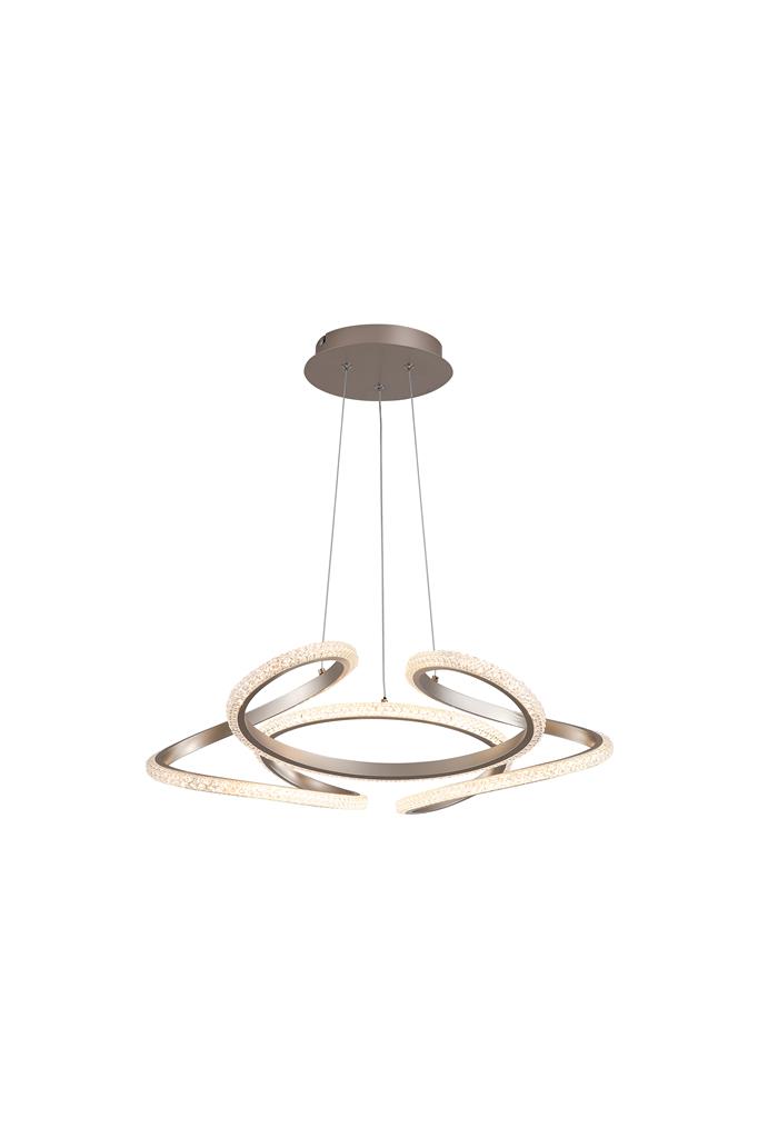 Doodle Ø60 Champagne loftslampe Fra Searchlight - Den yndefuldt formede metalramme har en elegant champagnefarvet finish og omslutter en integreret LED-strip med en klar akryldiffusor, der efterligner prismer.