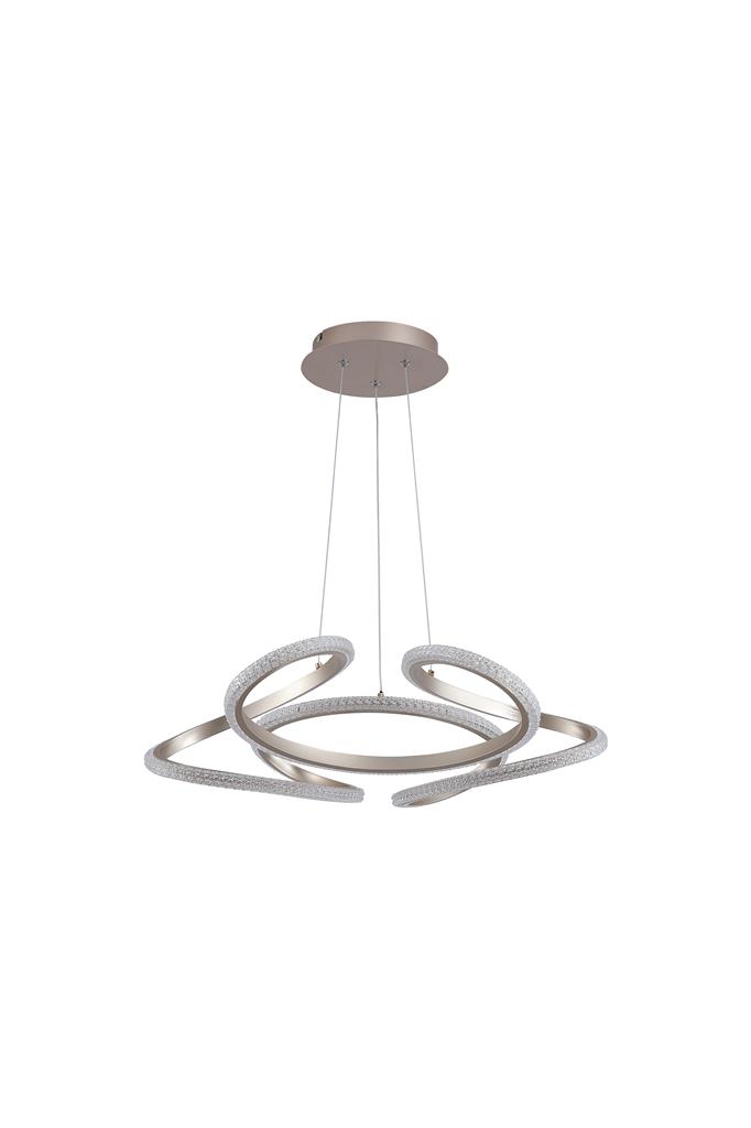 Doodle Ø60 Champagne loftslampe Fra Searchlight - Den yndefuldt formede metalramme har en elegant champagnefarvet finish og omslutter en integreret LED-strip med en klar akryldiffusor, der efterligner prismer.