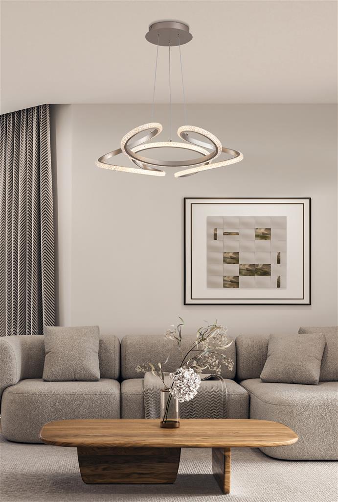 Doodle Ø60 Champagne loftslampe Fra Searchlight - Den yndefuldt formede metalramme har en elegant champagnefarvet finish og omslutter en integreret LED-strip med en klar akryldiffusor, der efterligner prismer.