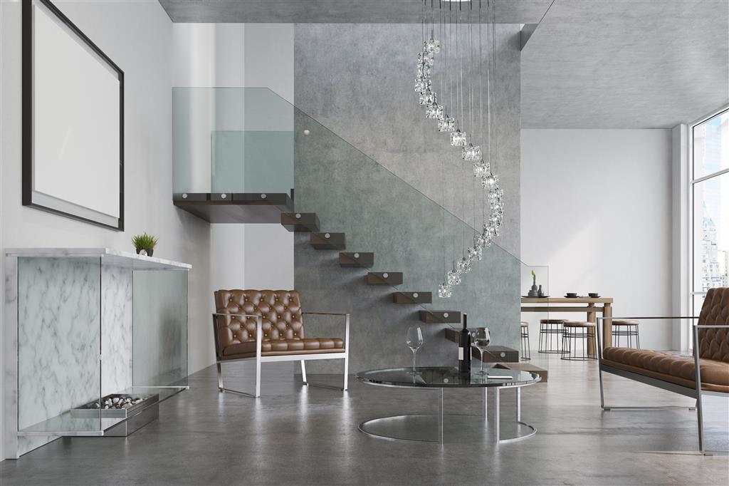 Ice Cube Ø45 Krom loftslampe Fra Searchlight - Hver isterning indeholder en integreret LED-lyskilde, der udsender et stærkt, klart hvidt lys og skaber en effektfuld glød gennem det transparente glas.