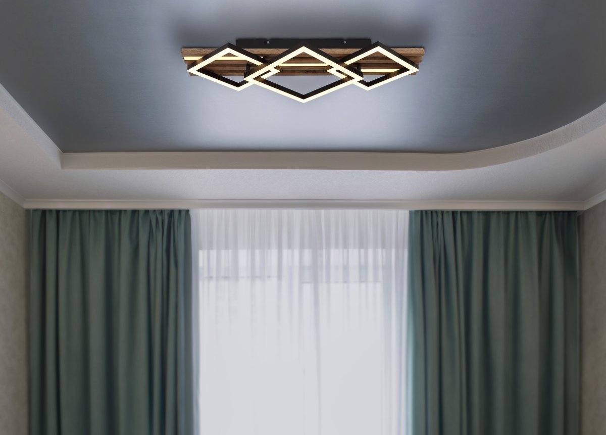 Obrien 60cm Træ plafond Fra Globo Lighting - Takf&auml;stet som efterliknar akustikpanel i kombination med de mattsvarta detaljerna i metall bidrar med industriell k&auml;nsla till rummet.