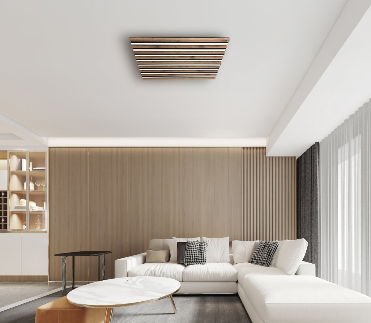 Hayden 60cm Træ plafond Fra Globo Lighting - Den kvadratiska plafonden Hayden &ouml;vertalar med sin moderna akustikpanel-look och bidrar med en h&auml;rlig ljusspridning i rummet.