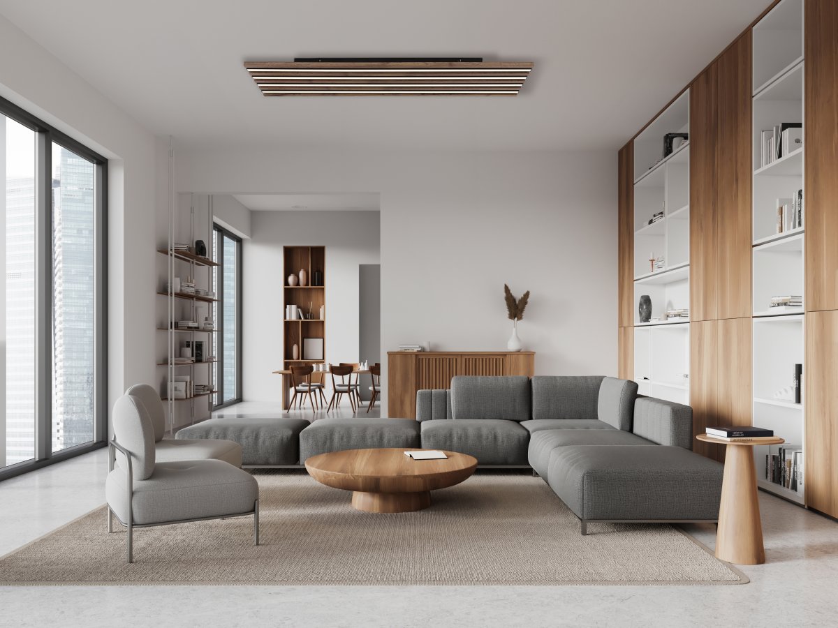 Hayden 120cm Træ plafond Fra Globo Lighting - Den rektangul&auml;ra plafonden Hayden &ouml;vertalar med sin moderna akustikpanel-look och bidrar med en h&auml;rlig ljusspridning i rummet.
