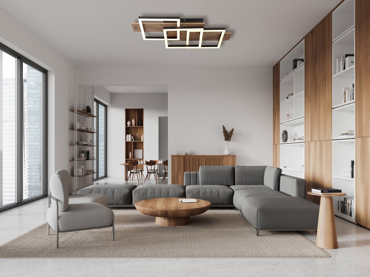 Jeffry 58cm Træ plafond Fra Globo Lighting - Takf&auml;stet som efterliknar tr&auml; i kombination med de mattsvarta detaljerna i metall bidrar med industriell k&auml;nsla till rummet.