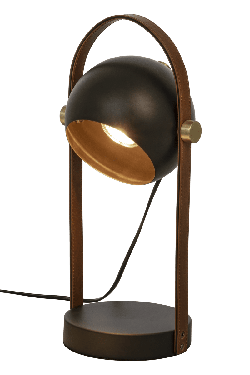 Bow 38cm Sort bordlampe Fra Aneta Lighting - Bow bordlampe i sortlakeret metal med detaljer i mat messing og brunt læder.