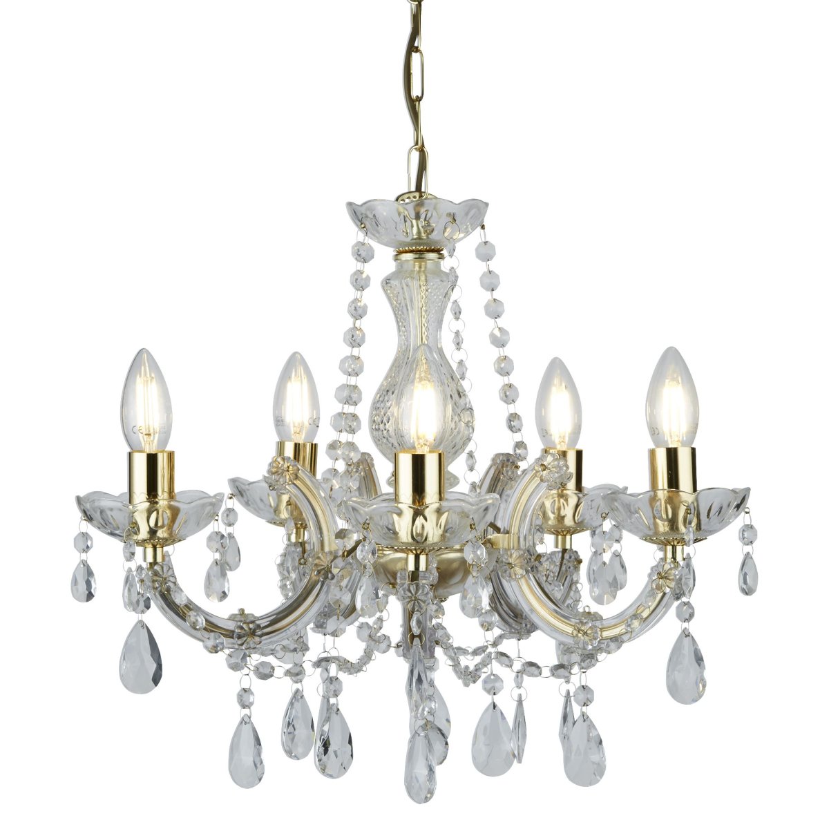 Marie Therese Ø48 Messing loftslampe Fra Searchlight - Den spektakulære og funklende Marie Therese lysekrone med 5 lyspunkter og en poleret messingramme har en aristokratisk stil, der tilføjer en teatralsk følelse til store rum.