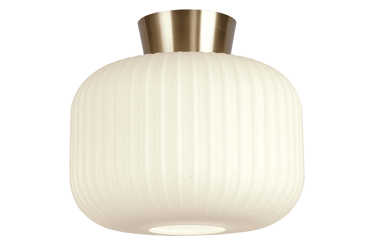 Zoom billede af Vanja Ø28 Hvid/messing plafond Fra Aneta Lighting - Vanja er en stilfuld loftslampe med en bl&oslash;dt afrundet form og dekorativt riflet glas.
