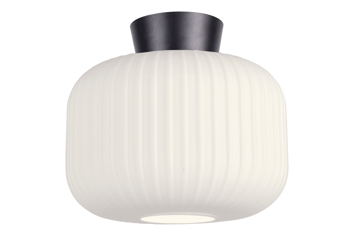 Zoom billede af Vanja Ø28 Hvid/sort plafond Fra Aneta Lighting - Vanja er en stilfuld loftslampe med en bl&oslash;dt afrundet form og dekorativt riflet glas.