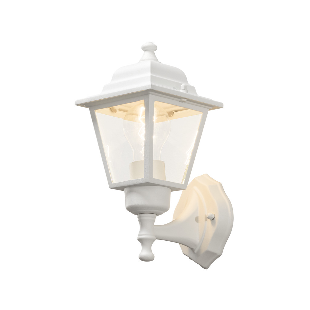 Vägglykta Hvid udendørslampe Fra Konstsmide - Med sit lanterneformede design og klare glaspaneler spreder lampen et varmt og indbydende lys, der er perfekt til indgange, terrasser og gangbroer.