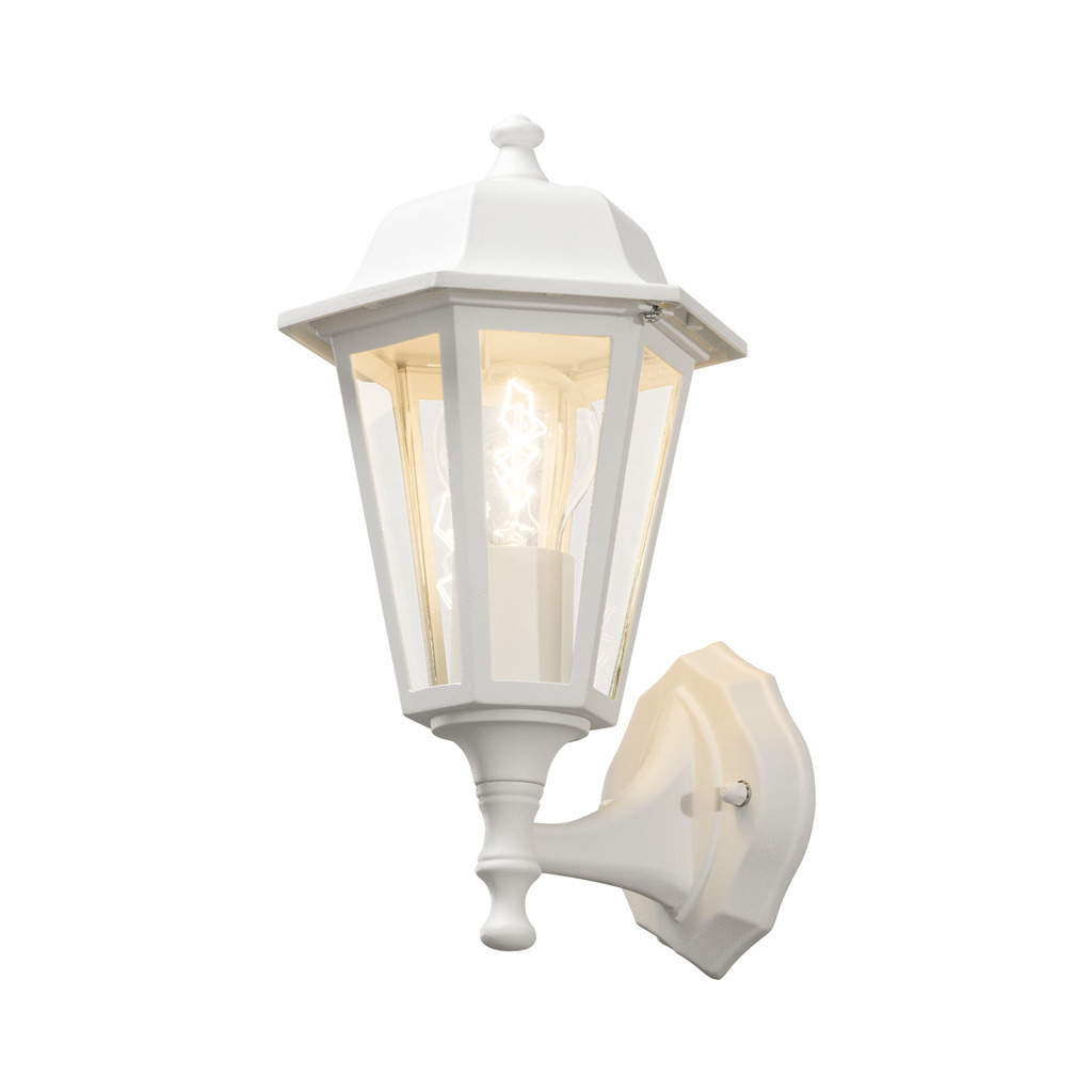 Vägglykta Hvid udendørslampe Fra Konstsmide - Med sit lanterneformede design og klare glaspaneler spreder lampen et varmt og indbydende lys, der er perfekt til indgange, terrasser og gangbroer.