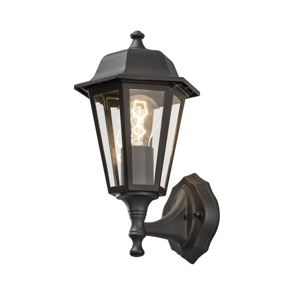 Vägglykta Sort udendørslampe Fra Konstsmide - Med sit lanterneformede design og klare glaspaneler spreder lampen et varmt og indbydende lys, der er perfekt til indgange, terrasser og gangbroer.
