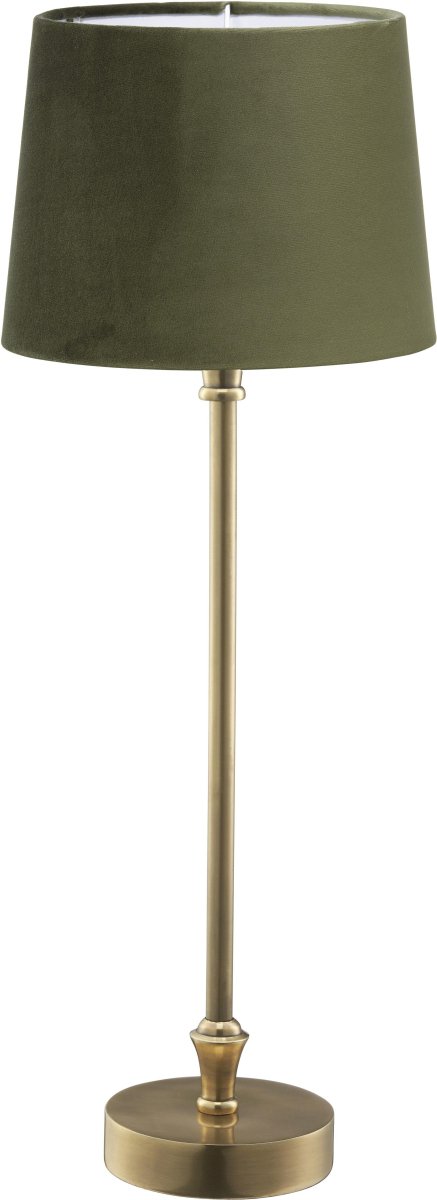 Liam 60cm Messing/grøn bordlampe Fra PR Home - Sk&aelig;rmen er 20 cm bred og 15,5 cm h&oslash;j og har en E27 ringholder.