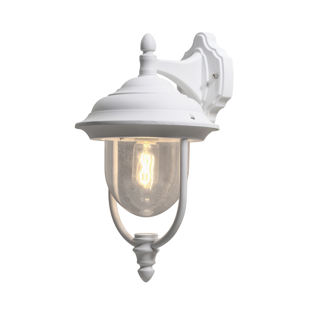 Parma Hvid udendørslampe Fra Konstsmide - Med sin smukke form og klare glaskuppel spreder den et varmt og im&oslash;dekommende lys, ideelt til entre og terrasser.