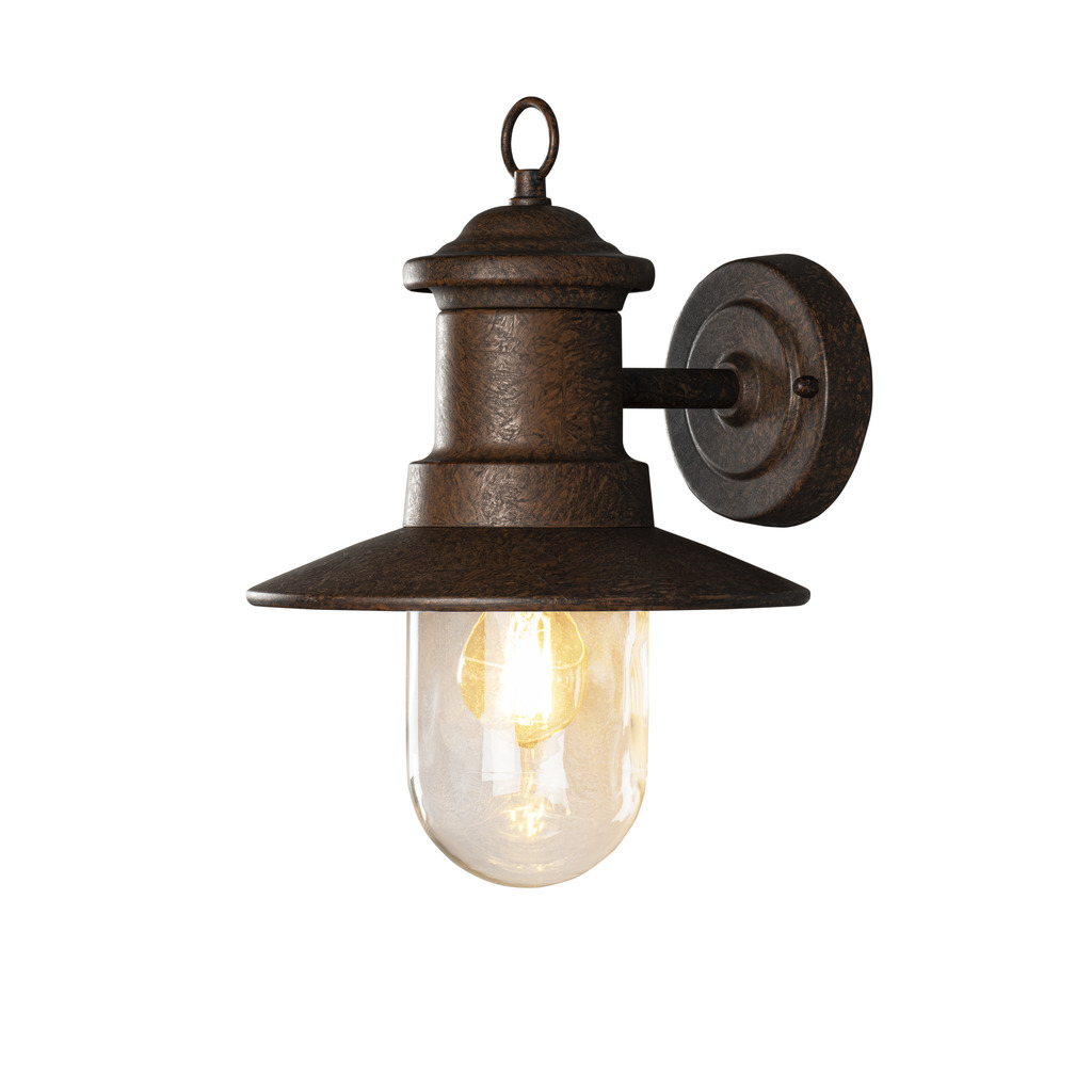 Napoli Rust udendørslampe Fra Konstsmide - Lampens klassiske design med en rund glaskuppel og en bred skærm spreder et varmt og behageligt lys, perfekt til at oplyse indgange og terrasser.
