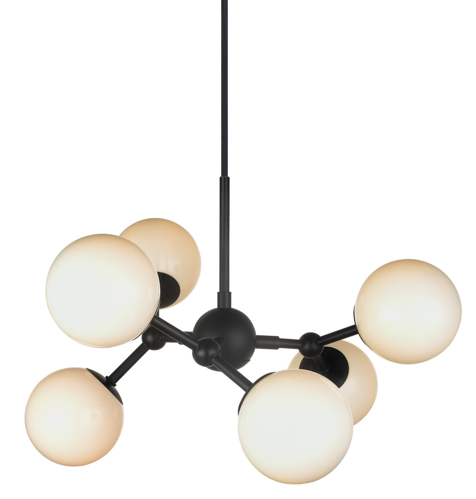 Atom 45cm Sort/opal loftslampe Fra Halo Design - De næsten svævende kupler af opalglas skaber en flot spredning af lys i rummet.