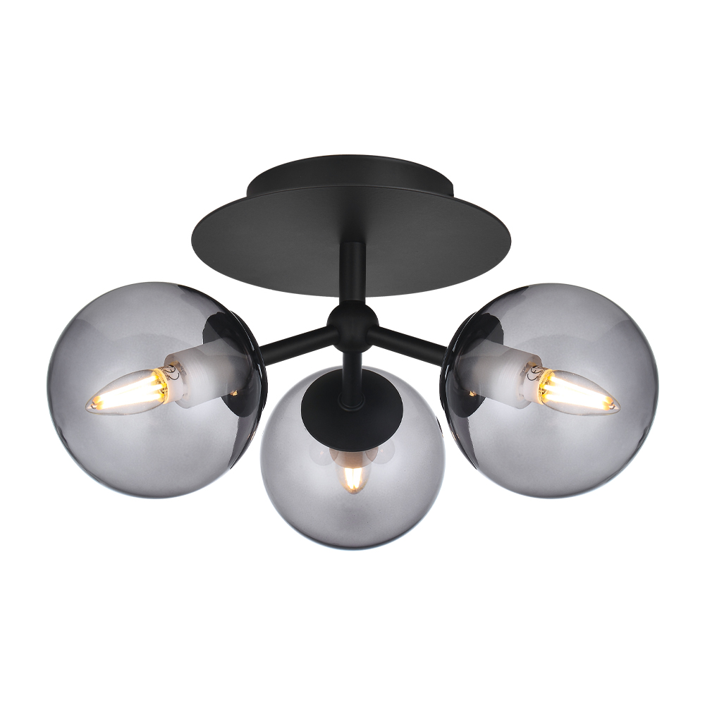 Atom Ø26cm Sort plafond Fra Halo Design - De tre kupler af røget glas giver en fin spredning af lys i rummet.
