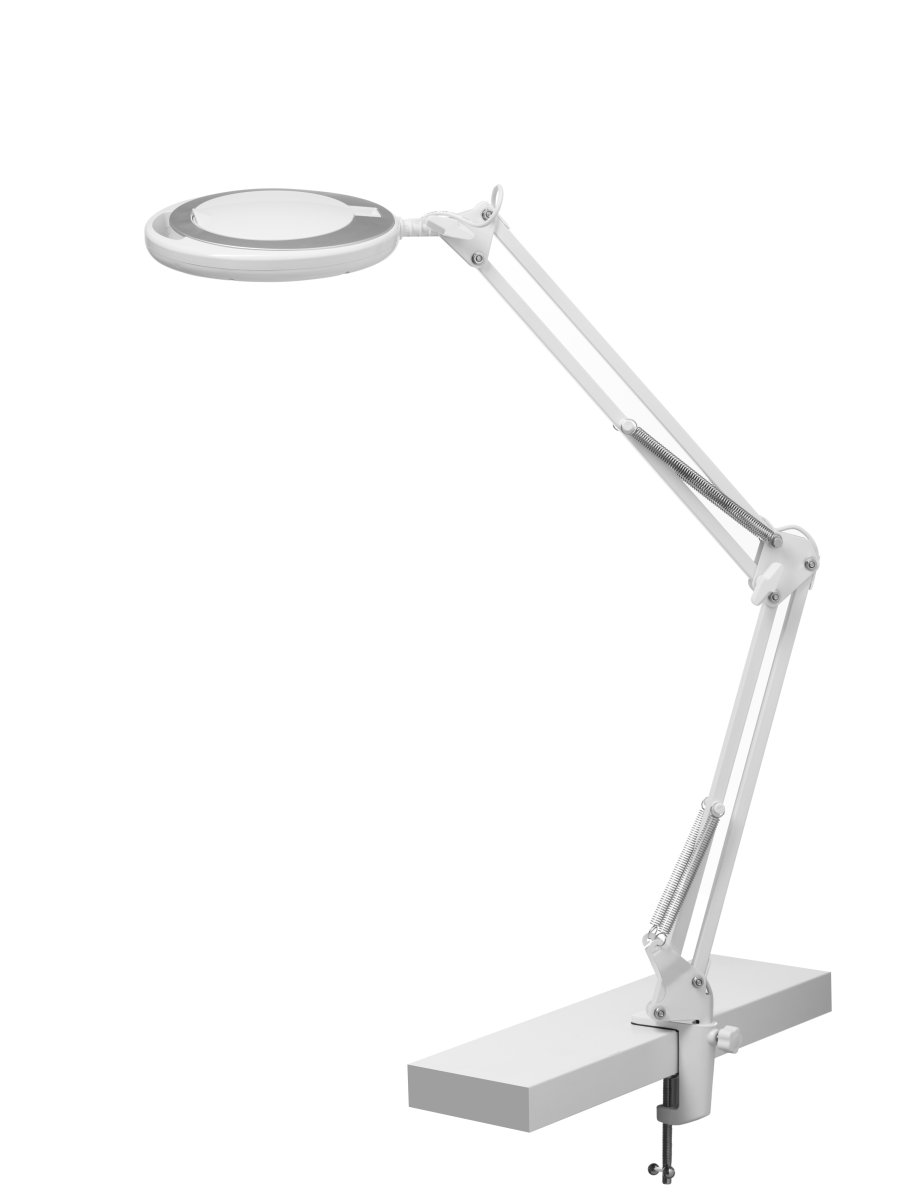 Magni Archi Hvid klemmelampe Fra Halo Design - Den vinklede arm har et justerbart lampehoved med integreret LED på 7W som udsender stærkt og godt arbejdslys.
