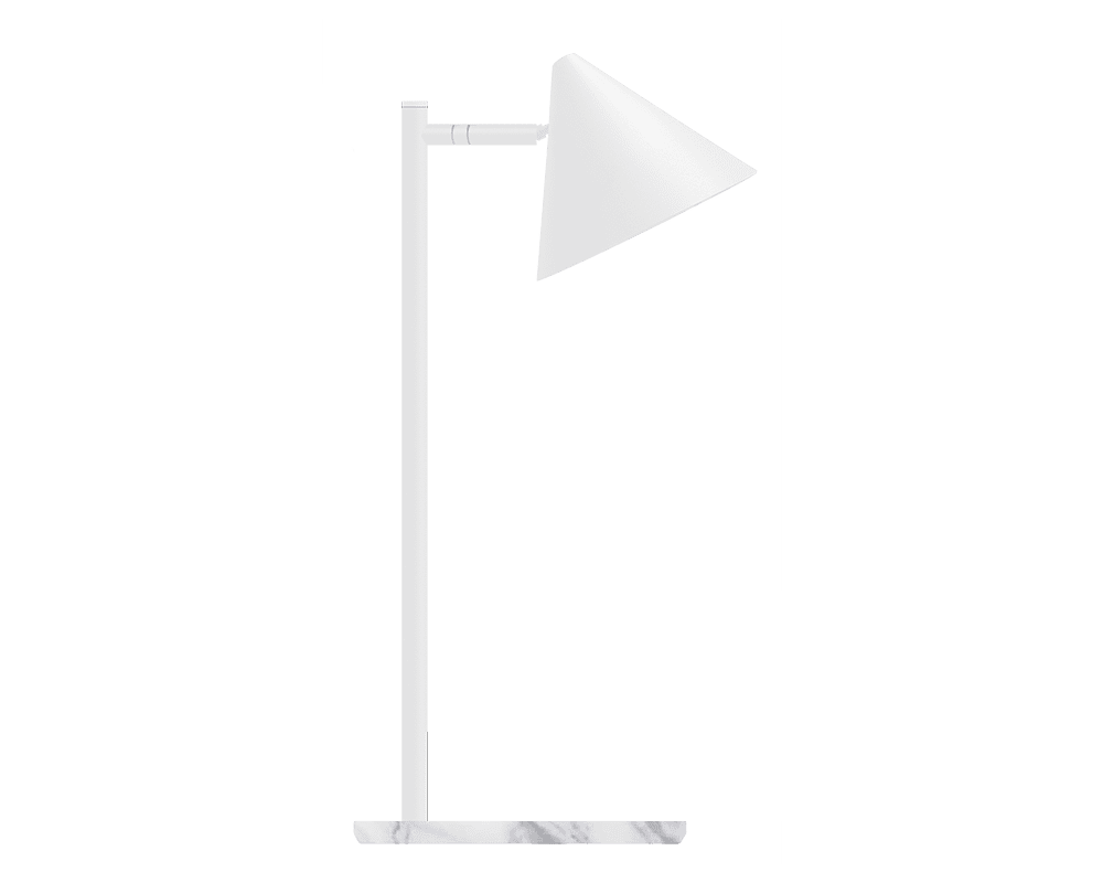 Tratt Micro 57cm Hvid/marmor bordlampe Fra Westal - Tratt er en moderne bordlampe lavet af rustfrit st&aring;l i hvid pulverlakeret farve med en dekorativ lampebase i hvid marmor.