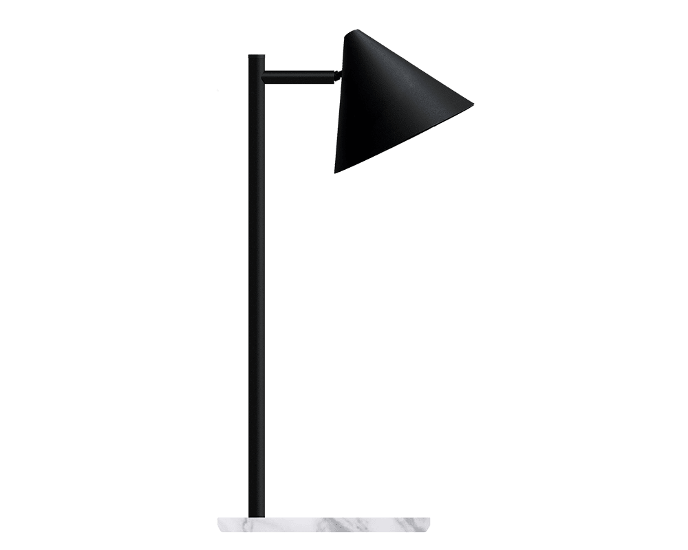Tratt Micro 57cm Sort/marmor bordlampe Fra Westal - Funnel er en moderne bordlampe lavet af rustfrit st&aring;l i sort pulverlakeret farve med en lampebase i hvid marmor.