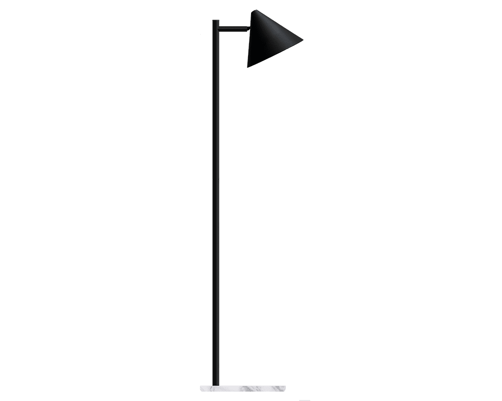 Tratt Micro Sort/marmor gulvlampe Fra Westal - Funnel er en moderne gulvlampe lavet af rustfrit st&aring;l i sort pulverlakeret farve med en lampebase i hvid marmor.