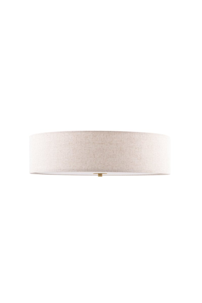 Noah Ø50 Beige plafond Fra Globen Lighting - Lampen er kombineret med en detalje i poleret messing, stoffet har et levende m&oslash;nster og en hvid bl&aelig;ndingsbeskyttelse i bunden for at sprede et behageligt lys.