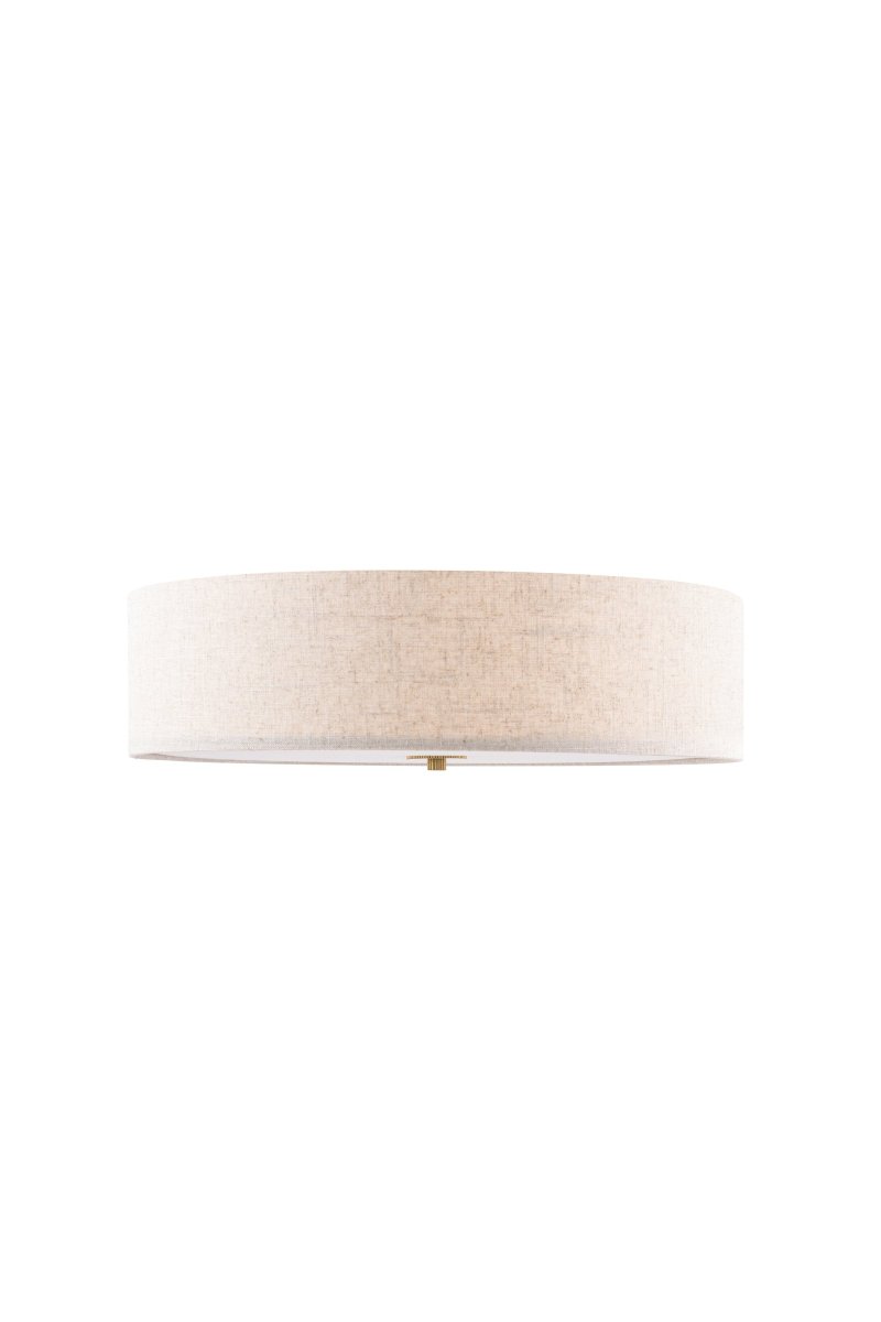 Noah Ø50 Beige plafond Fra Globen Lighting - Lampen er kombineret med en detalje i poleret messing, stoffet har et levende m&oslash;nster og en hvid bl&aelig;ndingsbeskyttelse i bunden for at sprede et behageligt lys.
