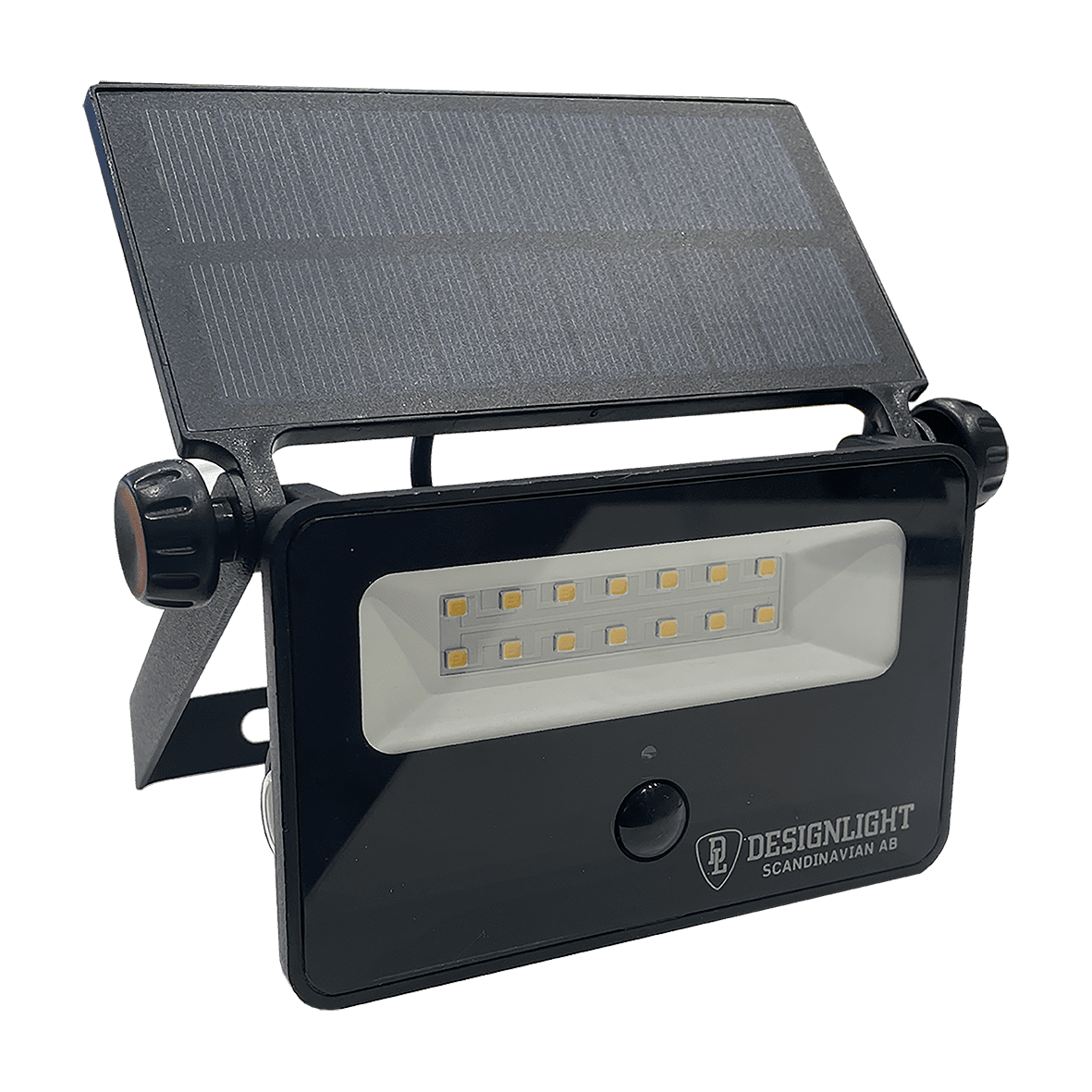 Batteridrevet projektør med sensor Sort solcellelampe Fra Designlight - Forudsat at det er m&oslash;rkt (mindre end 10 lux), og nogen/noget bev&aelig;ger sig i et omr&aring;de 5 m eller t&aelig;ttere p&aring; armaturet, t&aelig;nder den automatisk og opretholder lyset i 30 sekunder fra den sidst registrerede bev&aelig;gelse.