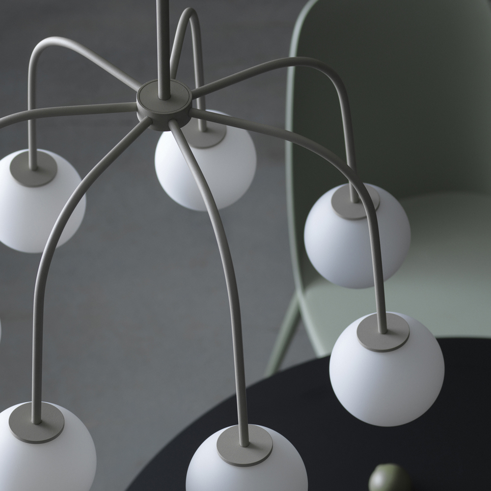 Waterfall Ø50 Beige loftslampe Fra CO Bankeryd - Waterfall er en stilfuld loftslampe, der med sine smalle metalrør og runde opalglas skaber en udtryksfuld kontrast.
