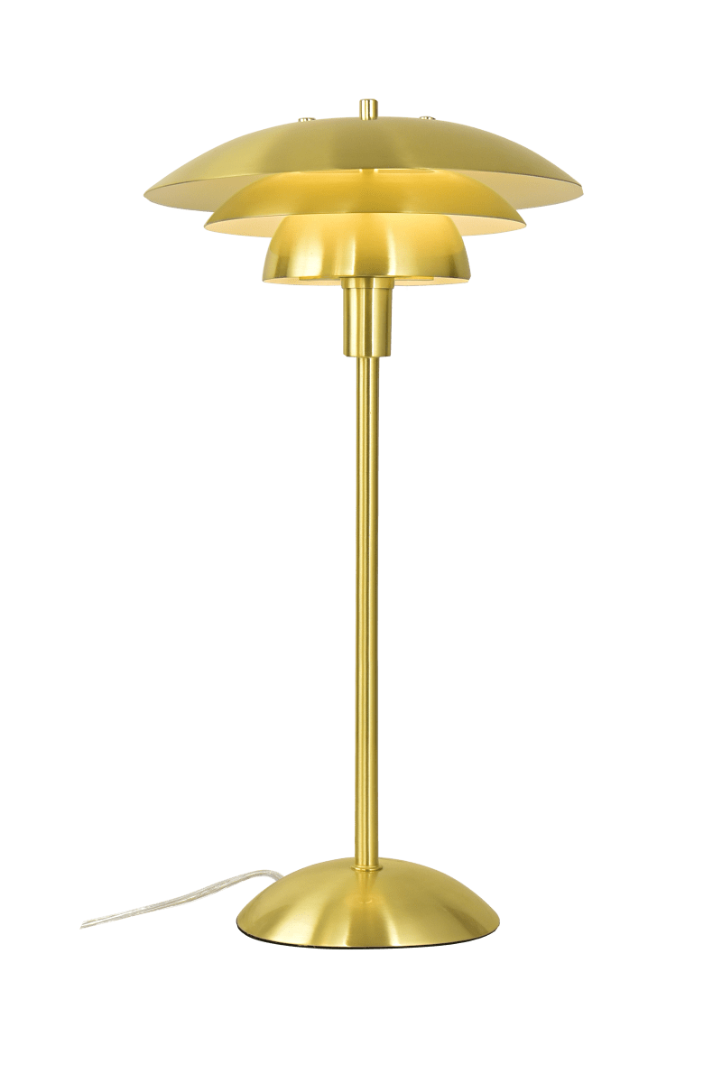 Zoom billede af Epsilon 47cm Messing bordlampe Fra Aneta Lighting - Epsilon bordlampe i et klassisk design med et elegant udtryk, har en tredelt metalsk&aelig;rm i en mat messingfinish, der fordeler lyset p&aring; en flot m&aring;de og modvirker bl&aelig;nding.