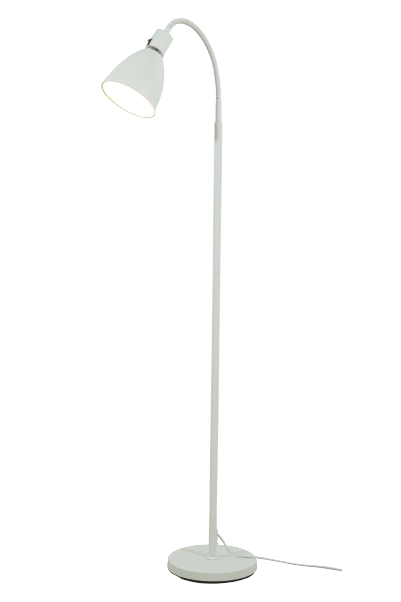 Idre 1 Hvid gulvlampe Fra Aneta Lighting - Idre er en stilfuld gulvlampe i mat hvidt metal med en elegant dekorativ ring i krom.