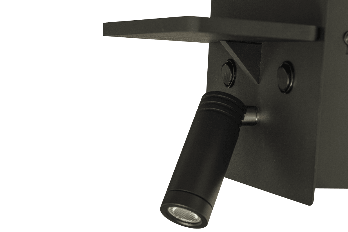 Astor Sort læselampe Fra Aneta Lighting - Fremstillet i sortlakeret metal og med justerbart l&aelig;selys p&aring; forsiden og en mere diskret indirekte belysning p&aring; bagsiden.