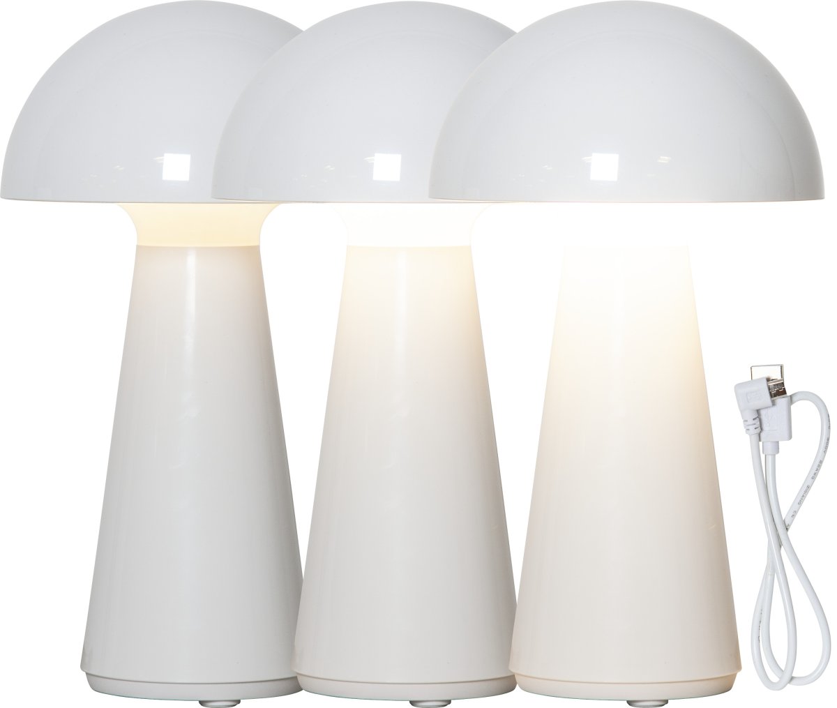 Mushroom 28cm Hvid bærbar Fra Star Trading - Lampen har en 3-trins funktion, med et let tryk i toppen af lampen; skærmen kan du justere lysstyrken, 100, 50 eller 10% af fuld opladning.