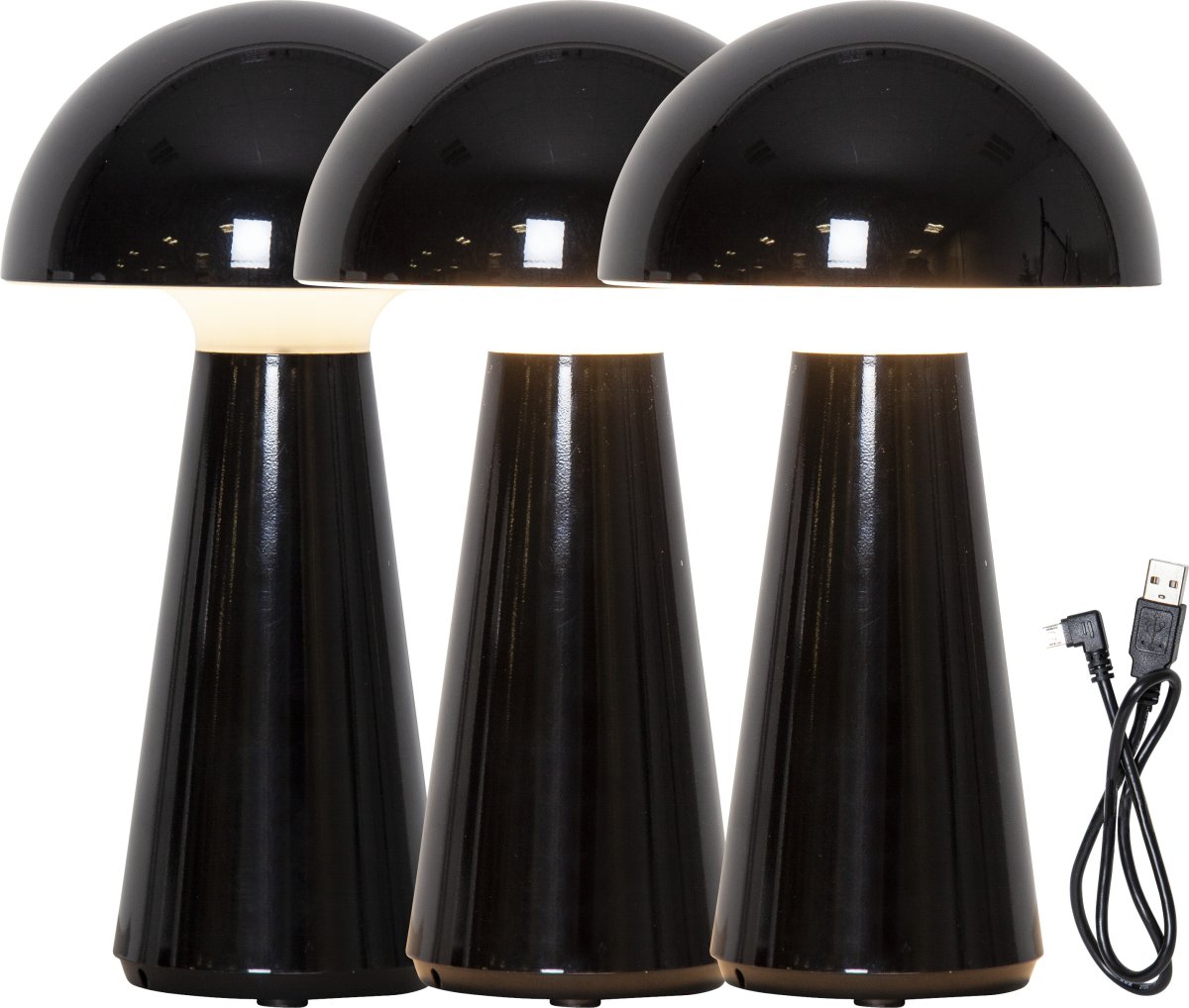 Mushroom 28cm Sort bærbar Fra Star Trading - Lampen har en 3-trins funktion, med et let tryk i toppen af lampen; skærmen kan du justere lysstyrken, 100, 50 eller 10% af fuld opladning.