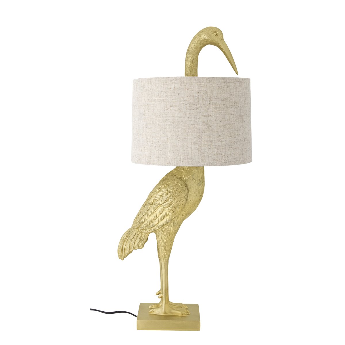 Heron 73cm Guld bordlampe Fra Bloomingville - Lampen er designet i en elegant gylden farve og suppleres af en naturfarvet h&oslash;rsk&aelig;rm, der spreder et bl&oslash;dt og behageligt lys.