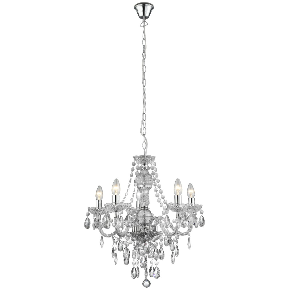 Marie Therese Ø55 Klar loftslampe Fra Searchlight - Det traditionelle design, med et moderne touch, er luksuriøst dekoreret med klare glasdråber og perler og har buede arme og glasdetaljer, der skaber et glamourøst omdrejningspunkt i ethvert interiør.