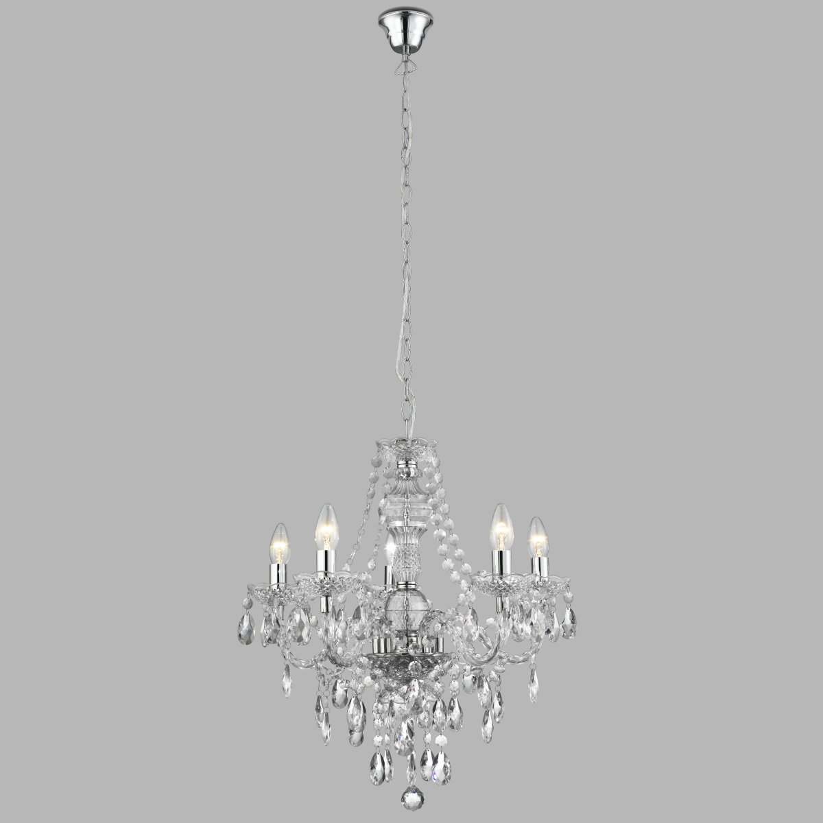 Marie Therese Ø55 Klar loftslampe Fra Searchlight - Det traditionelle design, med et moderne touch, er luksuriøst dekoreret med klare glasdråber og perler og har buede arme og glasdetaljer, der skaber et glamourøst omdrejningspunkt i ethvert interiør.