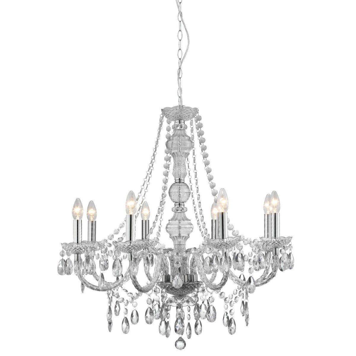 Marie Therese Ø74 Klar loftslampe Fra Searchlight - Det traditionelle design med et moderne twist er luksuriøst udsmykket med klare glasdråber og perler og har buede arme og glasdetaljer, der skaber et glamourøst omdrejningspunkt i ethvert interiør.