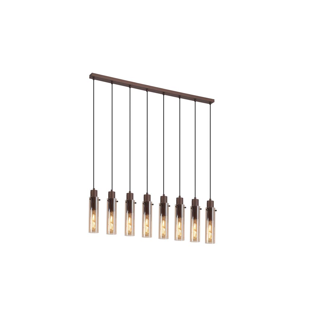Sweden 110cm Brun loftslampe Fra Searchlight - De aflange ravfarvede glasskærme skaber et blødt lys og en elegant fornemmelse, mens den mokkafarvede metalramme giver et sofistikeret og moderne udtryk.