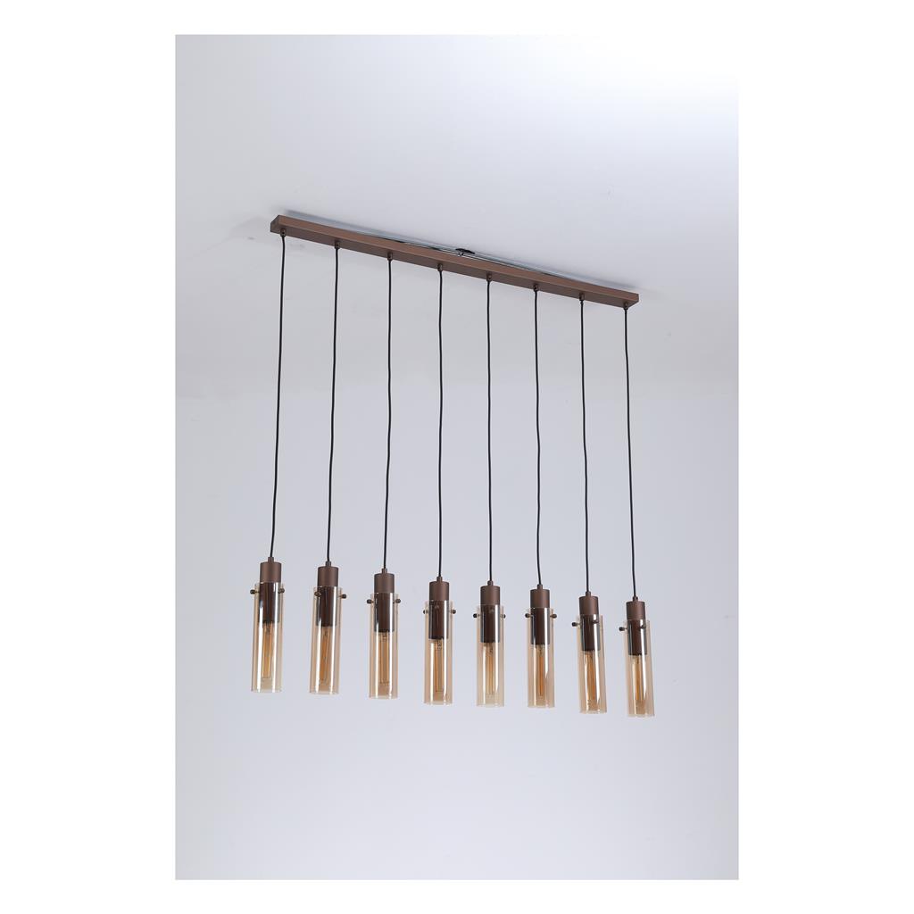 Sweden 110cm Brun loftslampe Fra Searchlight - De aflange ravfarvede glasskærme skaber et blødt lys og en elegant fornemmelse, mens den mokkafarvede metalramme giver et sofistikeret og moderne udtryk.
