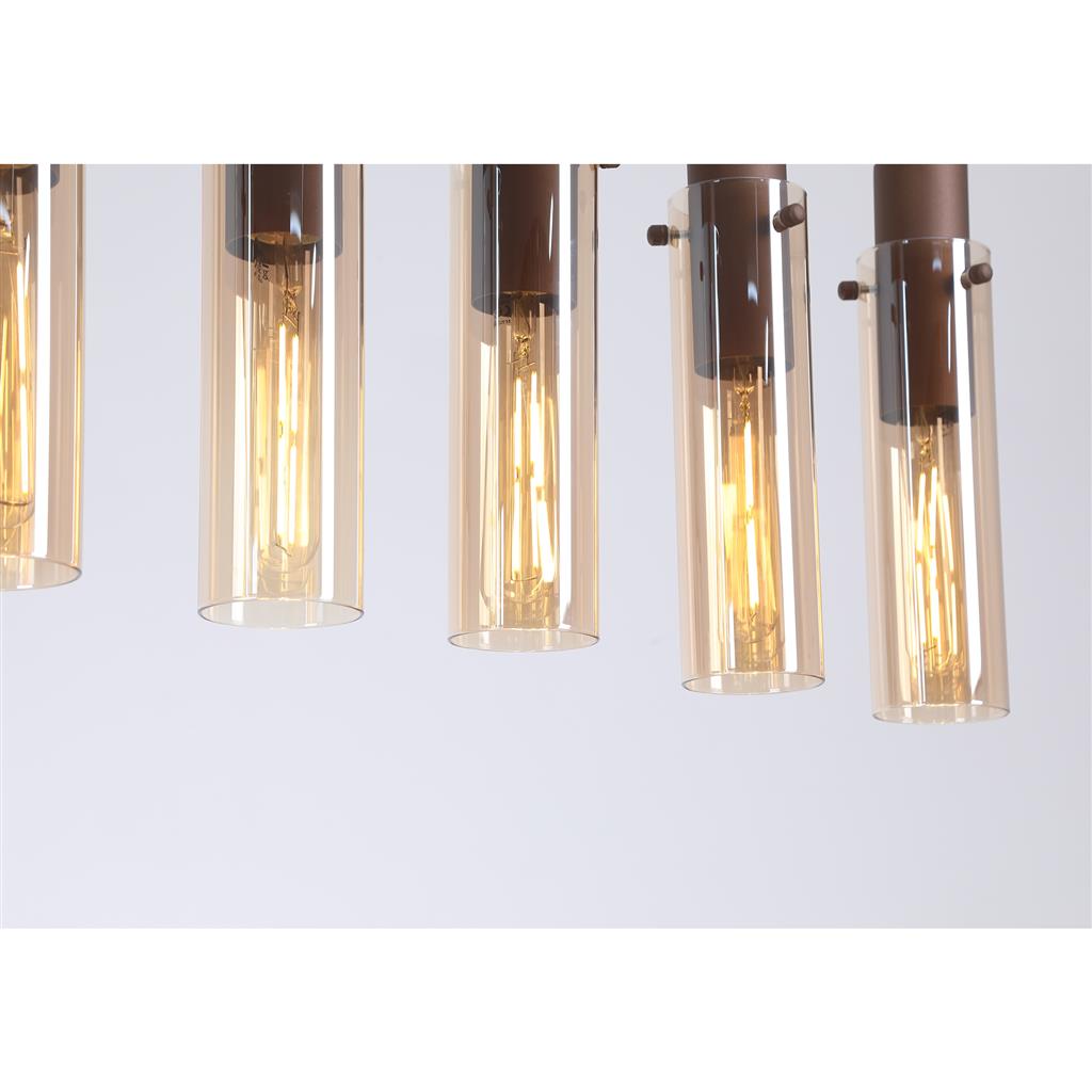 Sweden 110cm Brun loftslampe Fra Searchlight - De aflange ravfarvede glasskærme skaber et blødt lys og en elegant fornemmelse, mens den mokkafarvede metalramme giver et sofistikeret og moderne udtryk.