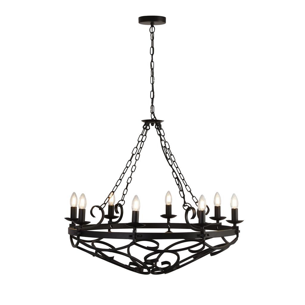 Cartwheel Ø80 Sort loftslampe Fra Searchlight - Cartwheel er en rustik lysekrone med otte lysestager i klassisk kandelaberstil i matsort for et moderne udtryk.