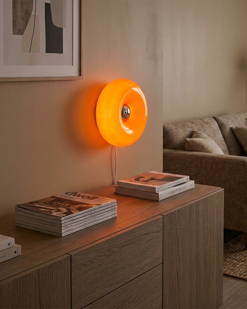 Basile 10cm Orange bordlampe Fra Eglo - Basile er en dekorativ lampe i orange glas med s&oslash;lvdetaljer og en rund, bl&oslash;d form.