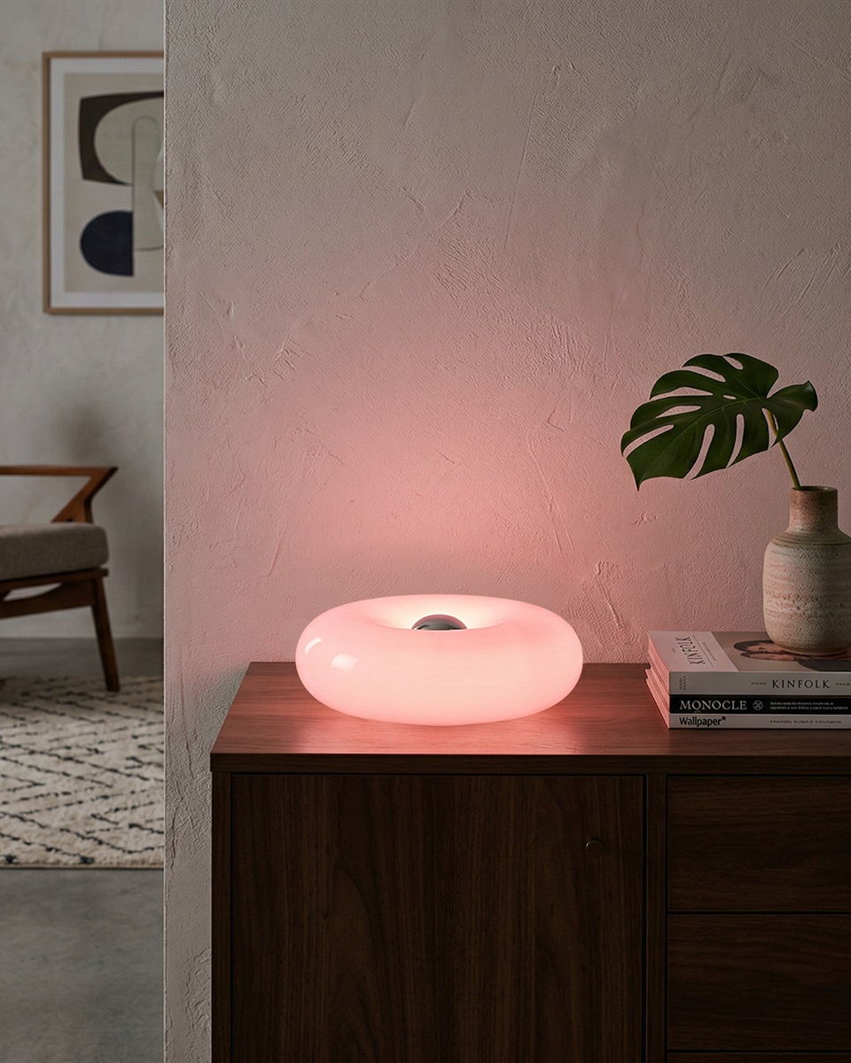 Basile 10cm Lilla bordlampe Fra Eglo - Basile er en dekorativ lampe i lilla glas med sølvdetaljer og en rund, blød form.
