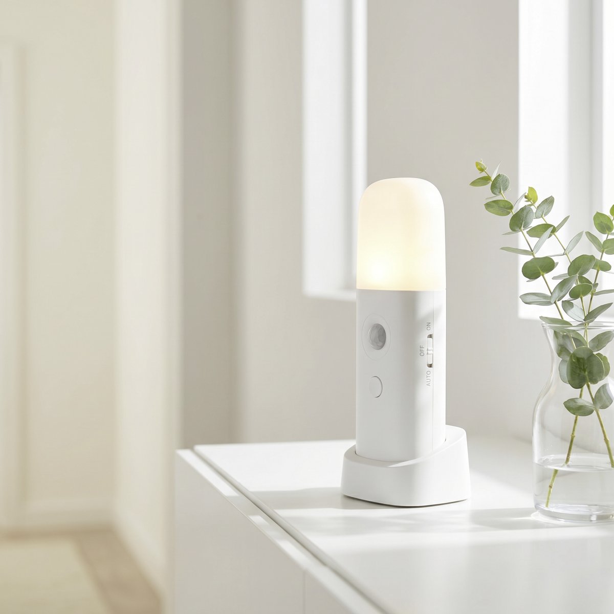 Merta Hvid bærbar Fra Eglo - Lampen leveres med en station, hvor den nemt kan placeres på for eksempel et natbord, en hylde eller et skrivebord.
