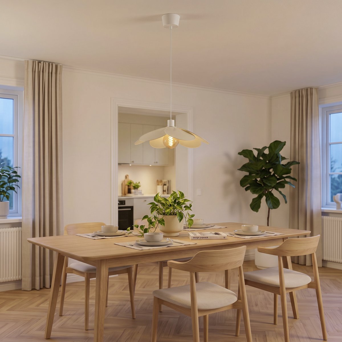 Binacua Ø40 Beige loftslampe Fra Eglo - Tekstilet giver lampen et blødt og hyggeligt udtryk, mens blomsterformen bliver et legende element i rummet.