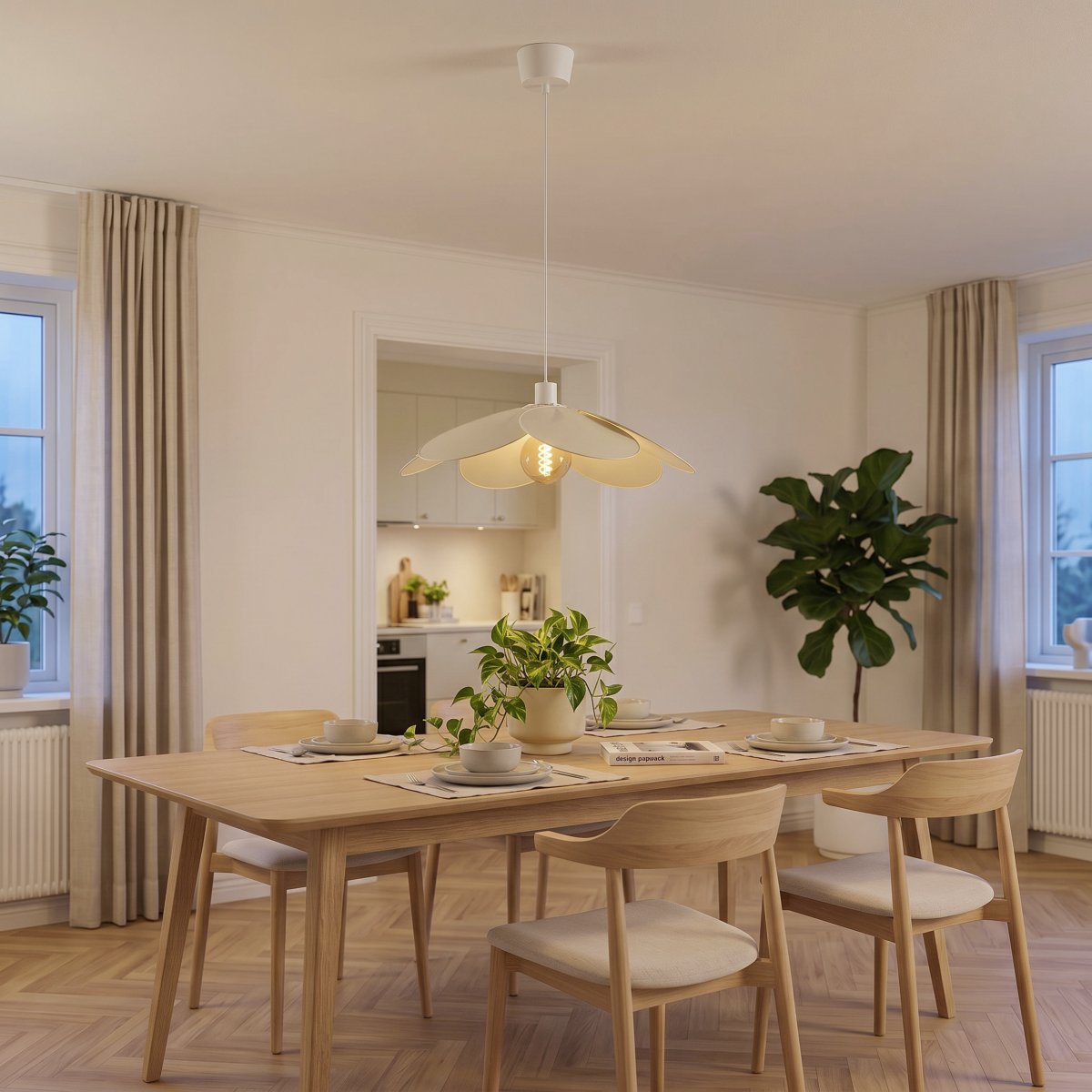 Binacua Ø60 Beige loftslampe Fra Eglo - Tekstilet giver lampen et blødt og hyggeligt udtryk, mens blomsterformen bliver et legende element i rummet.