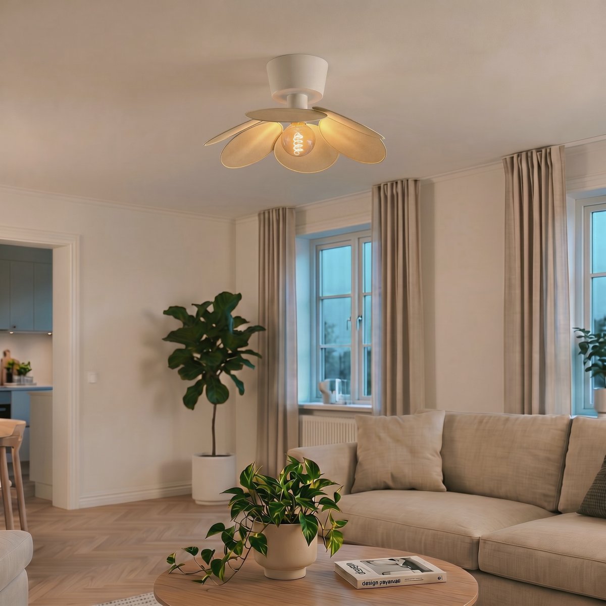 Binacua Ø45 Beige plafond Fra Eglo - Skærmen er lavet af blødt afrundede blade, der overlapper hinanden og gør det muligt at se lyskilden i midten.