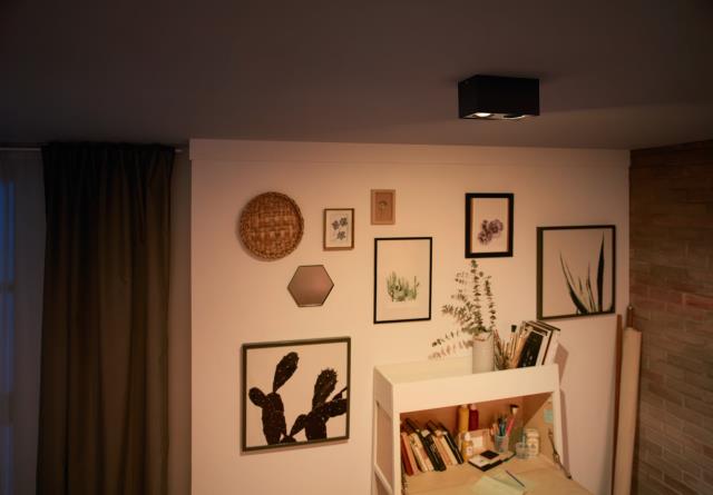 Box 2 Sort spotlight Fra Philips - Med Philips WarmGlow LED-spotlights kan du j&aelig;vnt d&aelig;mpe til r&oslash;d lysstyrke &ndash; fra funktionel belysning med masser af lys til et hyggeligt og im&oslash;dekommende varmt sk&aelig;r.