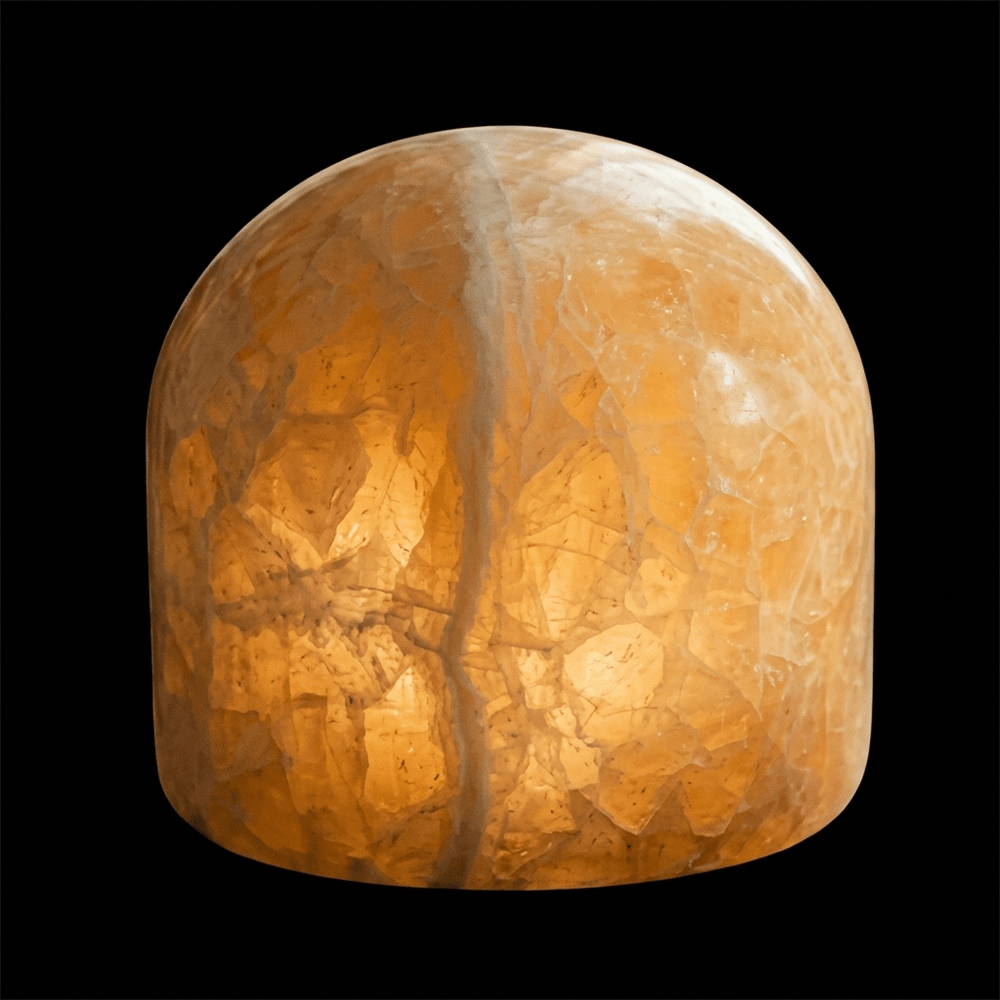 Marble 9cm Beige Fra Unison - Marmorbordlampen er lavet af &aelig;gte, poleret marmor i en varm beige tone, der skaber en bl&oslash;d og atmosf&aelig;risk gl&oslash;d.